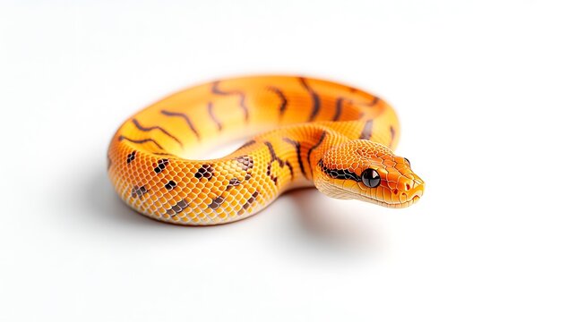 Vibrant orange ball python coiled on a white background