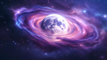 Fototapeta premium A celestial body surrounded by swirling purple and blue nebula in a starry expanse of deep space