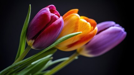 Naklejka premium Colorful Tulips in Vibrant Shades on Dark Background for Floral and Spring Theme