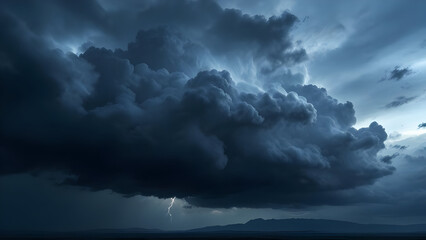 Dramatic thunderstorm with lightning strike illuminating the dark clouds over distant mountains