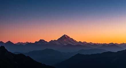 Majestic Snow-capped Mountain Peak at Sunset with Colorful Sky and Layered Hills