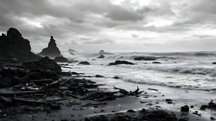 A monochrome view of a rocky beach with driftwood and crashing waves under a cloudy sky landscape
