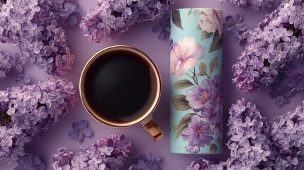 Coffee cup, floral tube, and lilac blossoms on purple background