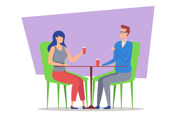 Couple sitting at small table in colorful cafe, each holding drink. People engaged in cheerful conversation, showcasing their connection