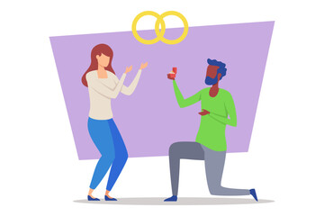 Joyful couple sharing special moment during proposal. Man kneeling with ring, while woman reacting with excitement and surprise. Love and commitment concept