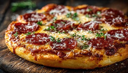 Delicious pepperoni pizza, cheese, herbs, rustic wood