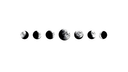 Illustration of the lunar phases in a grayscale format on a white background showing the moon cycle