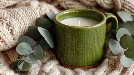 Green mug candle nestled in cream knit fabric, accented by eucalyptus sprigs