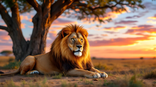 A majestic lion resting beneath a tree at sunset in the african savanna landscape scene outdoors