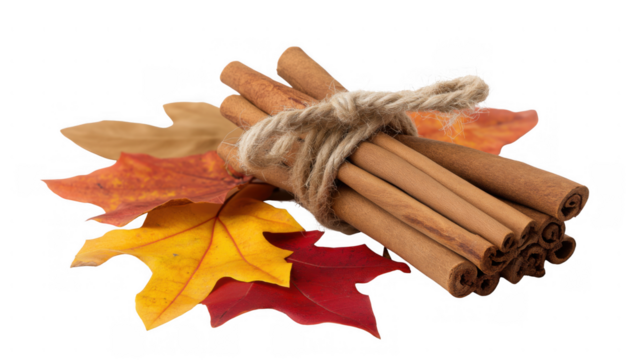 Cinnamon sticks tied with twine and leaves, created with AI, PNG