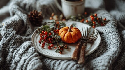 Cozy autumn scene small pumpkin, berries, and cutlery on a plate, nestled on a knit blanket