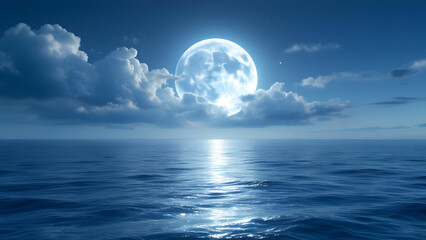 A serene ocean view with a full moon illuminating the water under a cloudy night sky horizon scene
