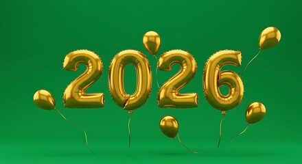 Gold Balloon Number 2026 with Gold Balloons on Green Background for New Year Celebration