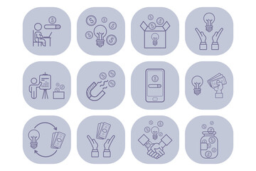 Collection of line icons representing various business concepts such as finance, innovation, and collaboration