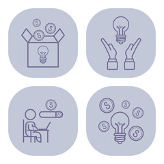 Collection of icons designed to illustrate concepts of innovation, finance, and creativity. Concepts of ideas, investment, and entrepreneurship