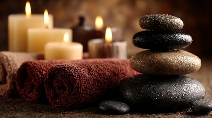 A serene spa setting with a stack of stones, candles, and towels, creating a tranquil atmosphere.