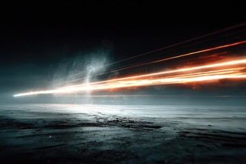 Glowing streak across dark, desolate landscape