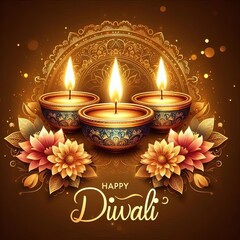 Happy diwali greeting card featuring candles, flowers, and golden mandala design
