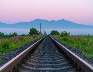 Fototapeta premium Railroad tracks leading to a misty mountain range at dawn