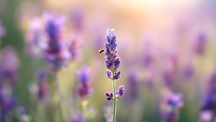 A close up of a lavender flower with a bee flying near it in a field of lavender flowers