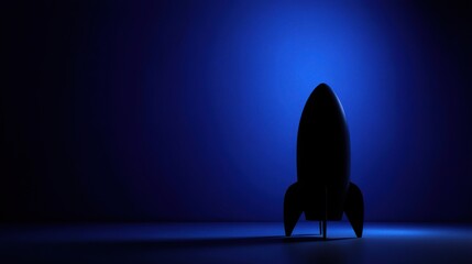 Rocket silhouette on gradient blue background with soft ambient glow, symbolic of innovation, business growth, startup success, futuristic technology concept illustration