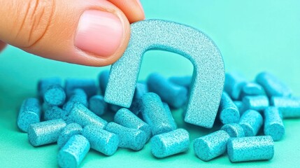 Concept image featuring a hand holding a horseshoe magnet over blue capsules on teal background