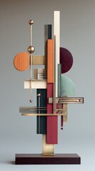 Abstract geometric sculpture with colored wood and metal components