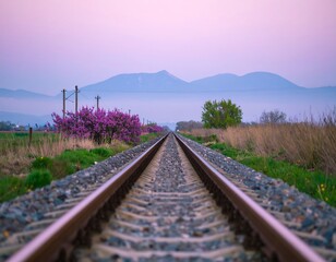 Fototapeta premium Railroad tracks stretching into a mountain range at dusk, with pink blossoms