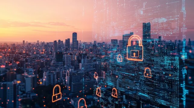 Image of fingerprint and digital padlocks over cityscape. global business, finances, connections and digital interface concept digitally generated image.