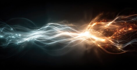 Abstract image of two luminous, swirling energy streams, contrasting cool and warm tones, merging in the center against a dark background