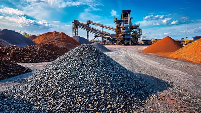 Industrial work processing of stones with a gravel sorter machinery , stock piles of iron ore at port.