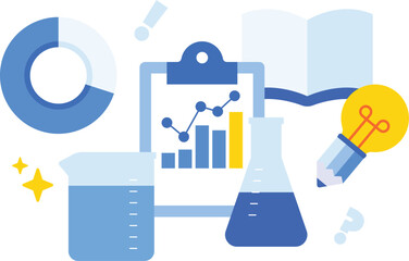 Vector illustration of scientific research and laboratory experiment with glassware, data charts, and innovation symbols. Perfect for education, STEM projects, presentations, and research themes.