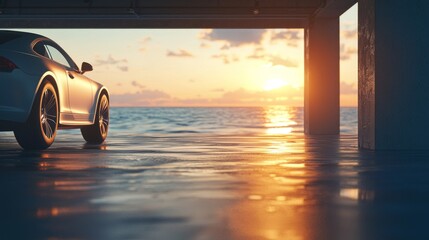 Interior of the car Parking is by the sea in the morning. 3d render and illustration.