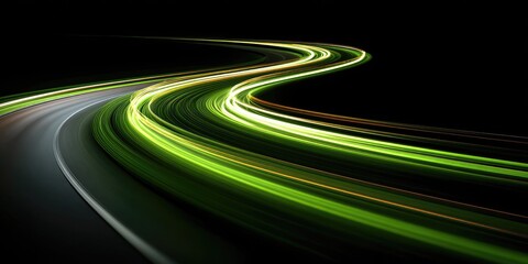 Abstract light trails curve across dark background
