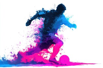 Colorful, dynamic silhouette of a soccer player in motion, surrounded by vibrant paint splashes
