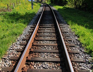 Fototapeta premium Railroad tracks winding through a grassy landscape