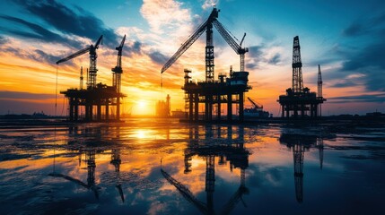 Obraz premium offshore oil rig, industrial oil platform, sunset reflection, dramatic sky, silhouette, beautiful landscape, dramatic lighting, golden hour, atmospheric, cinematic, highly detailed, digital painting, 