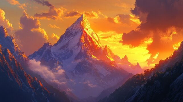 dramatic mountain landscape, majestic snow-capped peaks, vibrant orange and pink sky, epic sunset lighting, moody atmospheric clouds, rugged terrain, scenic mountainous vista, dramatic mountain panora