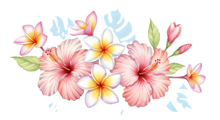 Obraz premium Watercolor Tropical Flower Bouquet - Hibiscus, Plumeria, Exotic Botanical Art, Vibrant Floral Illustration, Summer Nature Graphic