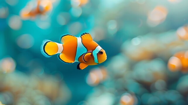 Vibrant clownfish swims through softly blurred coral reef