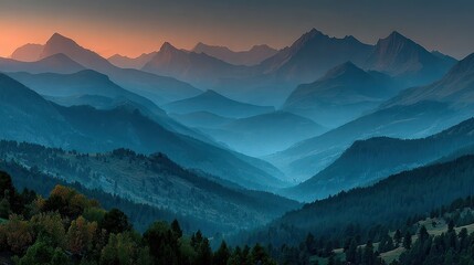 Majestic mountain range basks in dawn's glow, layered perspective of peaks and valley