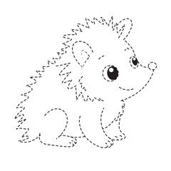 Cartoon hedgehog dotted outline with spiky back, educational drawing for kids coloring, playful creativity, fun, and early learning art activity.
