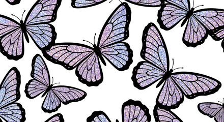 Seamless Pattern Watercolor Purple Butterflies - Elegant Insects, Glitter Sparkle, Dreamy Nature Art, Delicate Flora Fauna