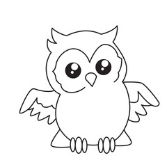 Cartoon owl line drawing with wings spread, adorable outline illustration for kids coloring, learning, creative doodle, and educational fun.
