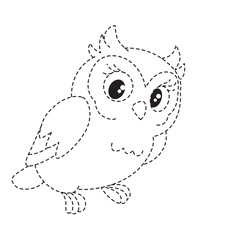 Cute owl dotted tracing line art, educational illustration for children’s drawing practice, coloring, creativity, and early learning activity.
