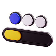 3D Render Three-state slider with three circular selectors and a yellow knob, suitable for UI design, digital dashboards, and control panels.