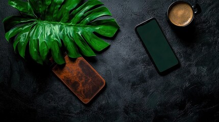 Green tropical Monstera leaf rustic brown leather notebook black smartphone and coffee mug on dark textured background Top view