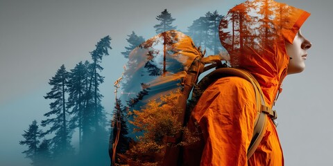 Fototapeta premium Double exposure image of a hiker overlaid with a pine forest