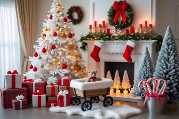 White Christmas Tree and Fireplace Decor with Stockings, Candles, Candy Canes, and Gifts in Festive Living Room | AI-Generated