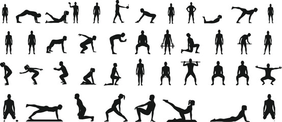 Fitness silhouette collection, workout exercises, gym training, yoga poses, body strength, pilates, crossfit, stretching, aerobic movement, health, vector illustration